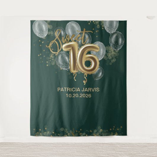 Gold Sweet 16 Balloons Smaragdgrüner Hintergrund Wandteppich (Vorderseite)