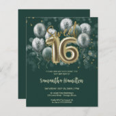 Gold Sweet 16 Bday Balloons Black Green Einladung (Vorne/Hinten)