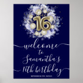 Gold Sweet 16 Bday Balloons Blue Begrüßungszeichen Poster (Vorne)