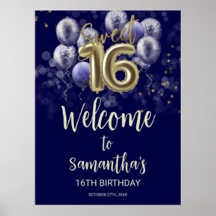 Gold Sweet 16 Bday Balloons Blue Begrüßungszeichen Poster