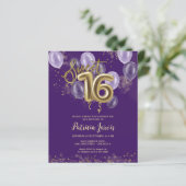 Gold Sweet 16 Bday Balloons Budget Einladungen (Stehend Vorderseite)