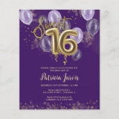 Gold Sweet 16 Bday Balloons Budget Einladungen (Vorderseite)