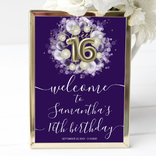 Gold Sweet 16 Bday Balloons Lila Willkommenszeiche Poster