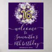 Gold Sweet 16 Bday Balloons Lila Willkommenszeiche Poster (Vorne)