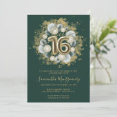 Gold Sweet 16 Bday Balloons Party Emerald Green in Einladung (Stehend Vorderseite)