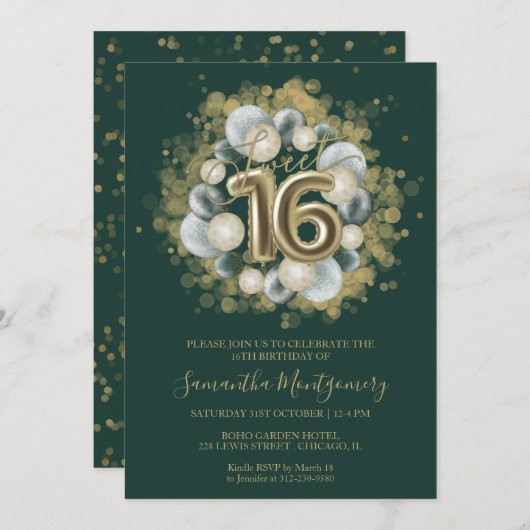 Gold Sweet 16 Bday Balloons Party Emerald Green in Einladung (Vorne/Hinten)