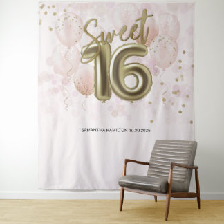 Gold Sweet 16 Bday Balloons Party Rosa Hintergrund Wandteppich