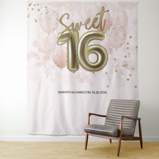 Gold Sweet 16 Bday Balloons Party Rosa Hintergrund Wandteppich (Beispiel)
