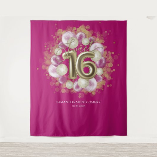 Gold Sweet 16 Bday Balloons Party Rosa Hintergrund Wandteppich (Vorderseite)