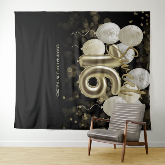 Gold Sweet 16 Bday Balloons Party Schwarzer Hinter Wandteppich (Beispiel (Horizontal))