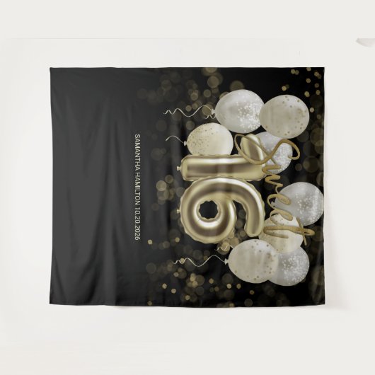 Gold Sweet 16 Bday Balloons Party Schwarzer Hinter Wandteppich (Vorderseite (Horizontal))