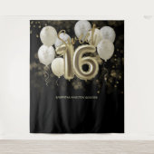 Gold Sweet 16 Bday Balloons Party Schwarzer Hinter Wandteppich (Vorderseite)