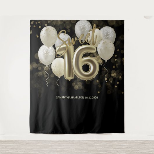 Gold Sweet 16 Bday Balloons Party Schwarzer Hinter Wandteppich (Vorderseite)
