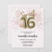 Gold Sweet 16 Bday Balloons Pink Budge Einladung (Vorne/Hinten)
