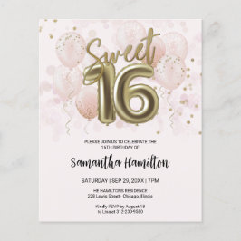 Gold Sweet 16 Bday Balloons Pink Budge Einladung