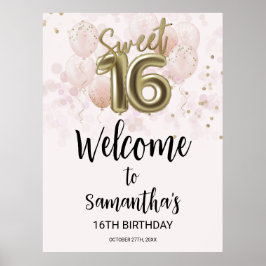 Gold Sweet 16 Bday Balloons Rosa Willkommenszeiche Poster