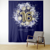 Gold Sweet 16 Bday Balloons Royal Blue Hintergrund Wandteppich (Beispiel)