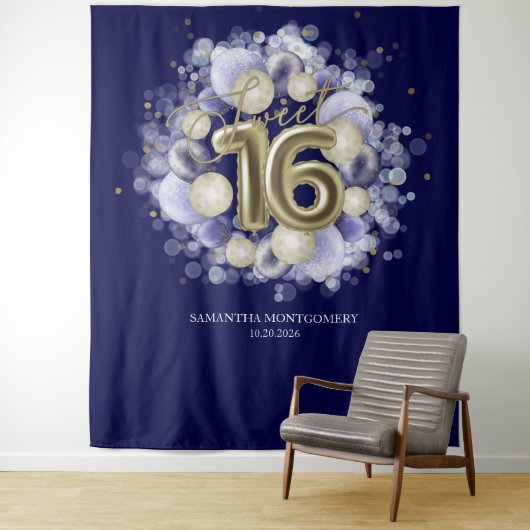 Gold Sweet 16 Bday Balloons Royal Blue Hintergrund Wandteppich (Beispiel)