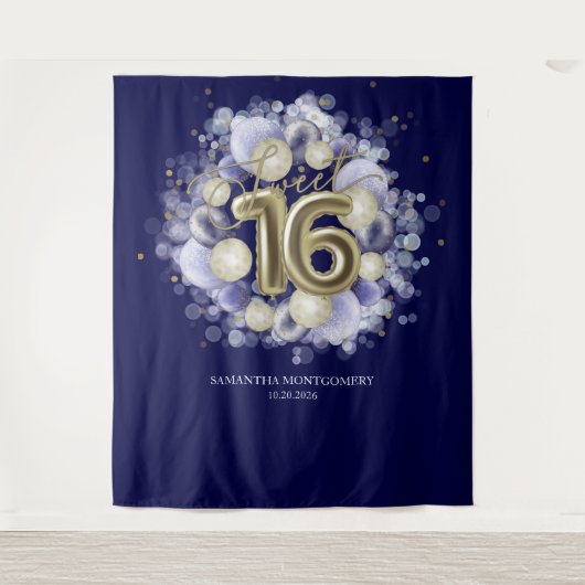 Gold Sweet 16 Bday Balloons Royal Blue Hintergrund Wandteppich (Vorderseite)