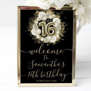 Gold Sweet 16 Bday Balloons Schwarzes Willkommensz Poster