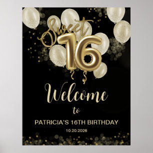Gold Sweet 16 Bday Balloons Schwarzes Willkommensz Poster