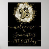 Gold Sweet 16 Bday Balloons Schwarzes Willkommensz Poster (Vorne)