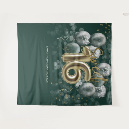 Gold Sweet 16 Bday Balloons Smaragdgrüner Hintergr Wandteppich (Vorderseite (Horizontal))