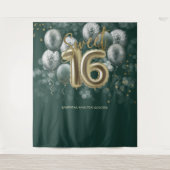 Gold Sweet 16 Bday Balloons Smaragdgrüner Hintergr Wandteppich (Vorderseite)