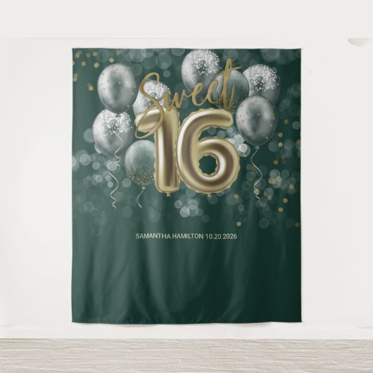 Gold Sweet 16 Bday Balloons Smaragdgrüner Hintergr Wandteppich (Vorderseite)