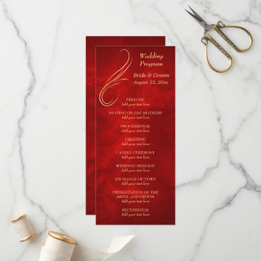Gold Swirl Bright Red Wedding Programm (Vorderseite/Rückseite Beispiel)