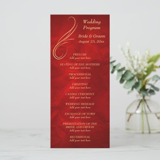 Gold Swirl Bright Red Wedding Programm (Stehend Vorderseite)