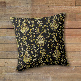 Gold Swirl Damask Muster auf schwarz Kissen