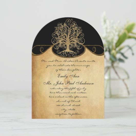 Gold Swirl Tree Gold & Black Metallic Wedding Einladung (Stehend Vorderseite)