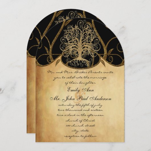 Gold Swirl Tree Gold & Black Metallic Wedding Einladung