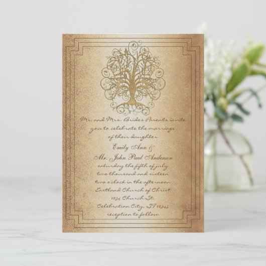 Gold Swirl Tree Gold Metallic Wedding Einladung (Stehend Vorderseite)