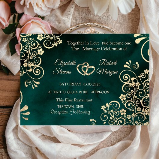 Gold Swirls Emerald Green Wedding  Einladung
