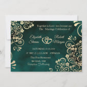 Gold Swirls Emerald Green Wedding  Einladung (Vorderseite)