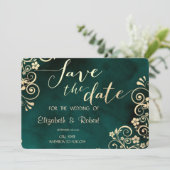 Gold Swirls Emerald Green Wedding Save The Date (Stehend Vorderseite)