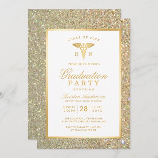 Gold Symbol Nursing School Graduation Party Einladung (Vorne/Hinten)