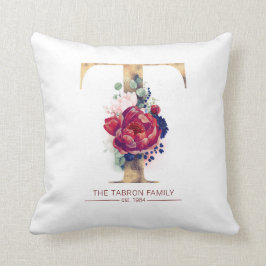 Gold T Monogram Floral Burgund Red and Navy Blue Kissen