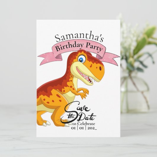 Gold T Rex, Geburtsmädchen Einladung (Stehend Vorderseite)