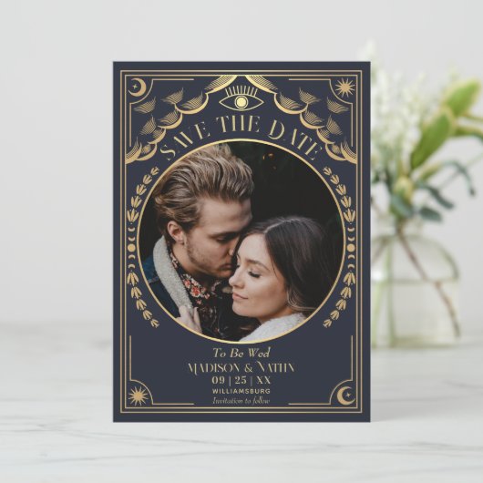Gold Tarot Gothic Wedding Foto Save the Date Einladung (Stehend Vorderseite)