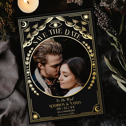 Gold Tarot Gothic Wedding Foto Save the Date Folieneinladung
