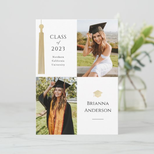 Gold Tassel & Cap 2 Foto Abschluss Einladung (Stehend Vorderseite)