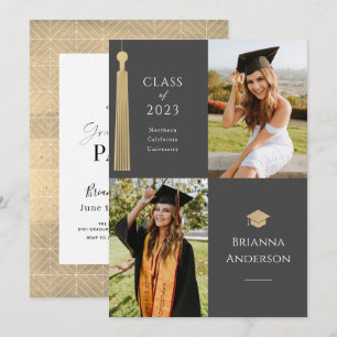 Gold Tassel & Cap 2 Foto Abschluss Grau Einladung