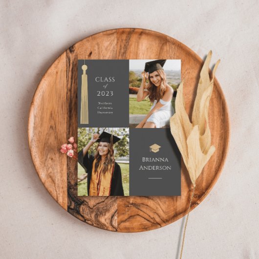 Gold Tassel & Cap 2 Foto Grau Abschluss Ankündigungspostkarte