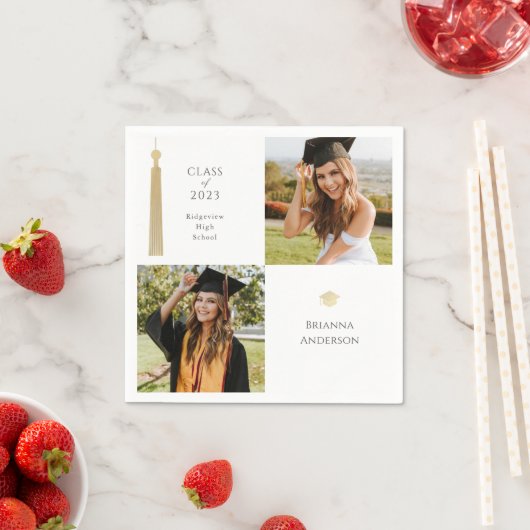 Gold Tassel & Cap Dark White 2 Foto Abschluss Serviette (Beispiel)