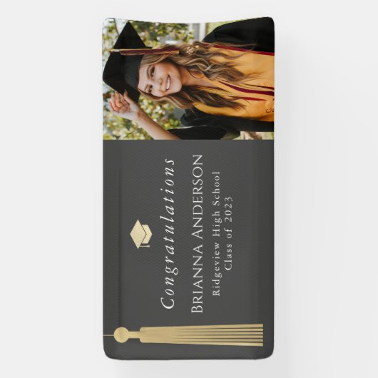Gold Tassel & Cap Gray Graduation Party Photo Banner (Vertikal)