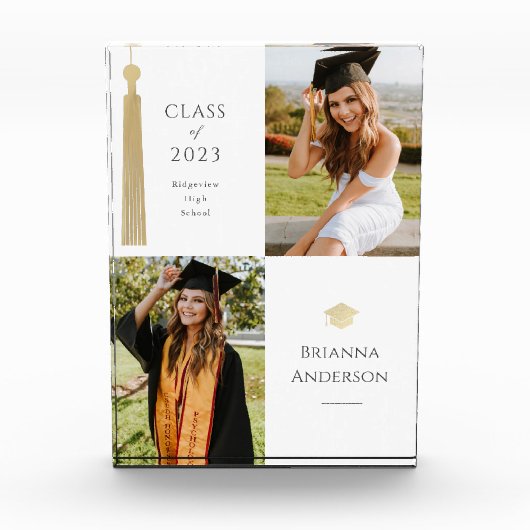 Gold Tassel & Cap Weißer Abschluss Foto Block (Vorderseite)