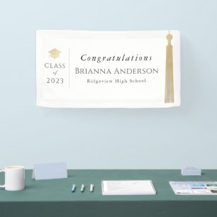 Gold Tassel & Cap White Graduation Party Banner